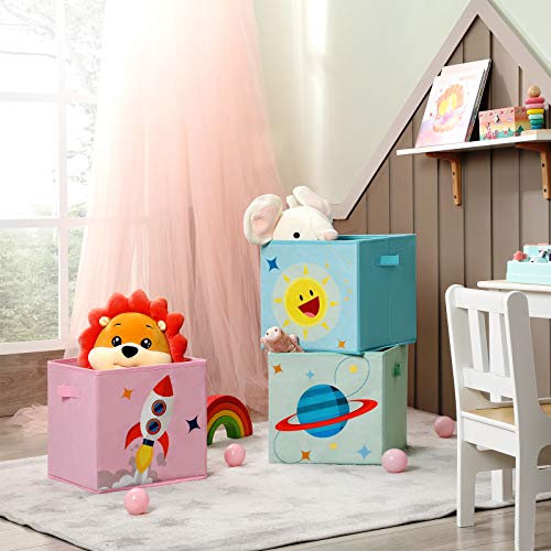 SONGMICS Cajas de Almacenaje, Juego de 3, Organizadoras de Juguetes, Cubos Plegables con Asas, para Habitación de Niños, Sala de Juegos, 30 x 30 x 30 cm, Tema del Espacio, Azul, Verde y Rosa RFB001Y03