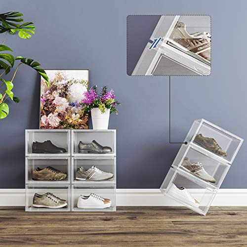 SONGMICS Cajas de Zapatos, Paquete de 6, Organizadores de Zapatos Apilables con Puerta Transparente, Zapatería de Plástico, Talla 46, 36 x 28 x 22 cm, Transparente LSP06CW