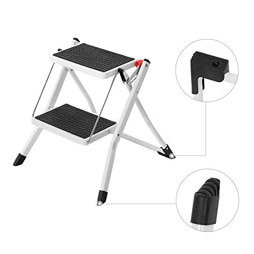 SONGMICS Escalerilla, Escalera Plegable Robusto 2 peldaños, con Asa Altura de trabajo aprox. 235 cm, Hasta 150 kg, certificado por TÜV Rheinland de acuerdo con el estándar EN14183 GSL02WT