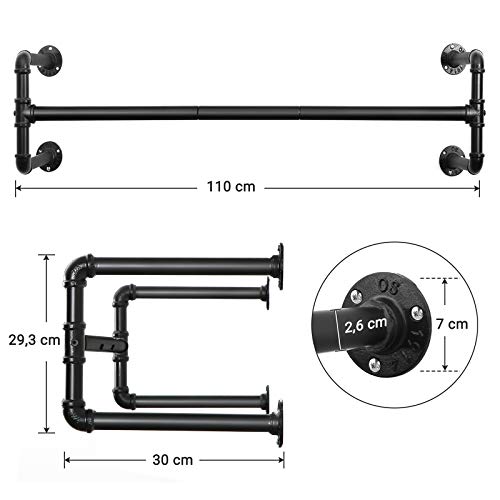 SONGMICS Perchero de Pared para Ropa, Juego de 2, Percha para Colgar Ropa Industrial, Ahorro de Espacio, 110 x 30 x 29,3 cm, Carga hasta 60 kg, Fácil Montaje, para Espacios Reducidos, Negro HSR64BK-02