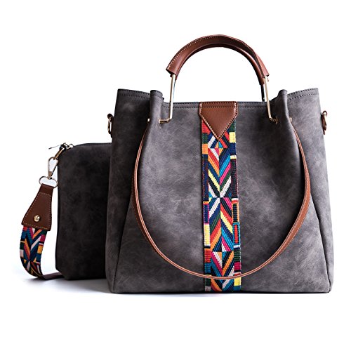 TIBES Bolso mujeres Monedero cuero sintético bolso sistema 2pcs Bolso de hombro vintage Bolsa de trabajo Gris