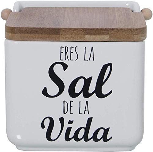 TIENDA EURASIA® Saleros de Cocina con Tapa Originales - Cerámica con Tapa de Bambú - 12x12x12cm (Sal DE LA Vida)