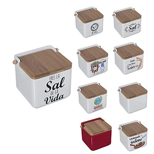 TIENDA EURASIA® Saleros de Cocina con Tapa Originales - Cerámica con Tapa de Bambú - 12x12x12cm (Sal DE LA Vida)