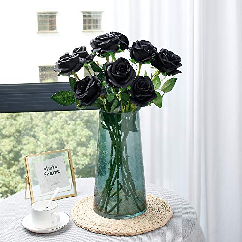 Tifuly 12 PCS Rosas Artificiales, Realista Largo Tallo Falso Rosa Seda Nupcial Ramo de Novia Flor para Home Garden Party Hotel Decoración (Negro)