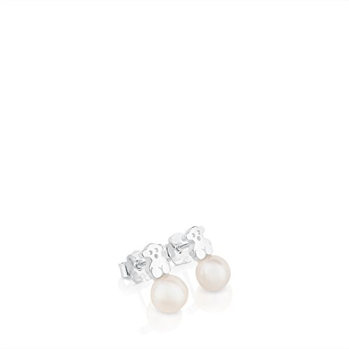 TOUS Puppies - Pendientes con Motivo de Oso de Plata de Primera Ley y Perlas, Cierre a Presión - Perlas de 0,6 cm, Motivo: 1 cm