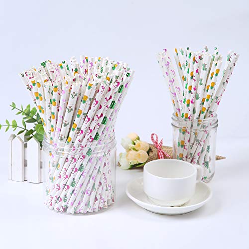Tupa 150 Paja de Papel para Fiestas Tropicales Hawaianas Flamingo Piña Cactus Cocotero Hoja de Palma Biodegradable Pajita Apta para el Medio Ambiente para Favores de Fiesta (Conjunto de Colores A)