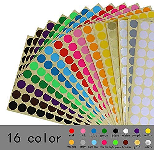 Tweal Pegatinas Redondas Colores,16 Hojas Etiquetas Adhesivas Redondas,16mm 16 Colores Pegatinas Color Círculo Etiquetas Autoadhesivo