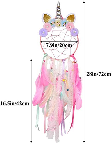 Unicornio Atrapasueños, Atrapasueños para Niños, Hecho a Mano Plumas Coloridas Atrapasueños Flor Rosa Dream Catchers para Niños Cuarto de Niños Dormitorio Colgante de Pared Decoración Bendición