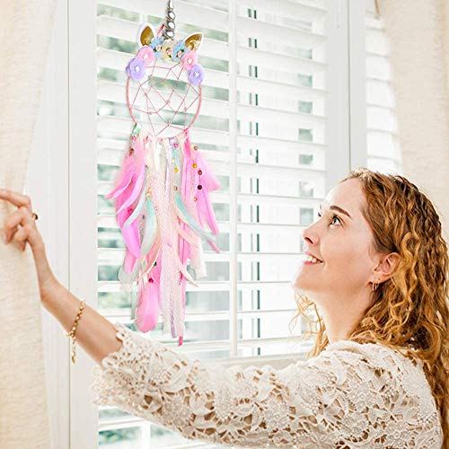Unicornio Atrapasueños, Atrapasueños para Niños, Hecho a Mano Plumas Coloridas Atrapasueños Flor Rosa Dream Catchers para Niños Cuarto de Niños Dormitorio Colgante de Pared Decoración Bendición