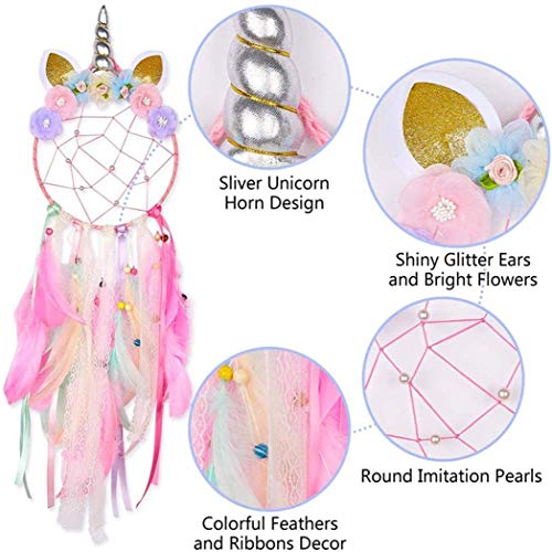 Unicornio Atrapasueños, Atrapasueños para Niños, Hecho a Mano Plumas Coloridas Atrapasueños Flor Rosa Dream Catchers para Niños Cuarto de Niños Dormitorio Colgante de Pared Decoración Bendición