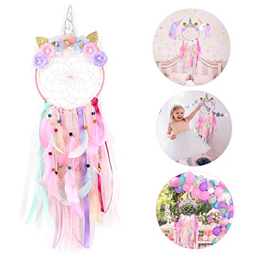 Unicornio Atrapasueños, Atrapasueños para Niños, Hecho a Mano Plumas Coloridas Atrapasueños Flor Rosa Dream Catchers para Niños Cuarto de Niños Dormitorio Colgante de Pared Decoración Bendición