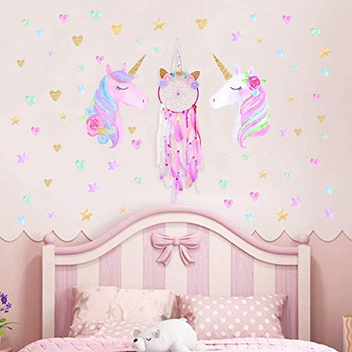 Unicornio Atrapasueños, Atrapasueños para Niños, Hecho a Mano Plumas Coloridas Atrapasueños Flor Rosa Dream Catchers para Niños Cuarto de Niños Dormitorio Colgante de Pared Decoración Bendición