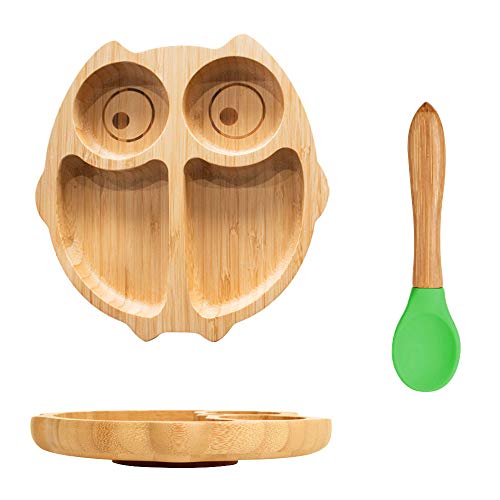 Vajillas Juego de platos de Bambú para niños incluye un plato con ventosa y cubierto silicona para bebé sin BPA (forma de búho)