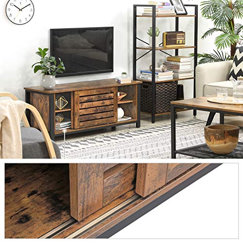 VASAGLE Soporte Industrial para TV de hasta 48 Pulgadas, Armario para TV con Puertas Correderas y 2 Estantes, Tabla Baja en el Vestíbulo de Salón, Hierro, 110 x 40 x 45 cm, Marrón Rústico LTV41BX