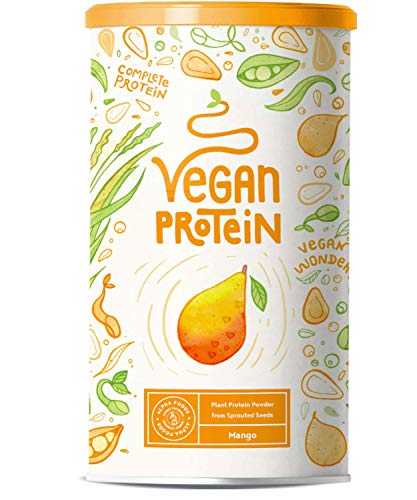 Vegan protein | MANGO | Proteína vegana de arroz, guisantes, semillas de lino, amaranto, semillas de girasol y semillas de calabaza germinadas | 600 g de polvo con sabor a Mango