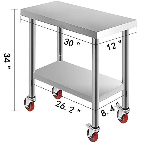 VEVOR Mesa de Trabajo de Cocina Mesa de Trabajo Acero Inoxidable para Cocina 762 x 305 mm con 4 Ruedas para Preparar Alimentos Mesa para Cocina Móvil