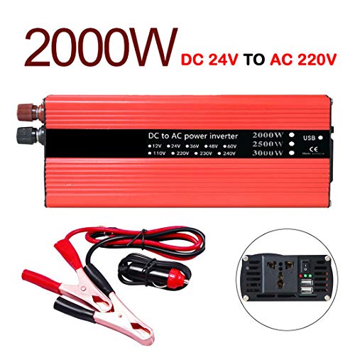 VIGORFLYRUN PARTS LTD 2000W Inversor de Corriente Portatil DC 24V to AC 220V 50Hz Convertidor de Voltaje Transformador con 2 Puerto USB, Adaptador para Encendedor de Cigarrillos