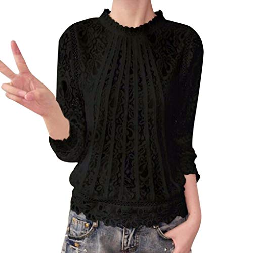 VJGOAL Moda Mujer Gasa Color sólido de Manga Larga O Cuello Sexy Encaje Tops Casuales Blusa Camiseta