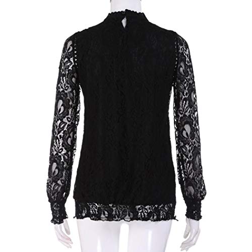 VJGOAL Moda Mujer Gasa Color sólido de Manga Larga O Cuello Sexy Encaje Tops Casuales Blusa Camiseta