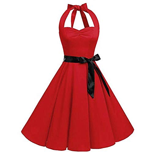 VJGOAL Mujer Primavera y Verano Moda Casual Sin Mangas Lunares Encaje Vintage Hepburn Columpio Cintura Alta Péndulo Grande Vestido Plisado Falda(x-Large,Rojo2)