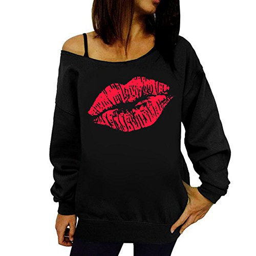 VJGOAL Mujeres otoño Casual Sexy Labios Impreso Manga Larga Sudadera Pullover Tops Blusa Camisa(XL,Rojo)