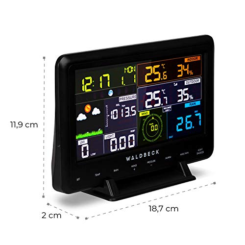 Waldbeck Huygens Estación meteorológica - 6 en 1, 6 Mediciones en Pantalla, Pantalla en Color, Aviso por Temporal, Datos precisos del Tiempo al Instante, Luz LED, WiFi, App, Negro-Blanco
