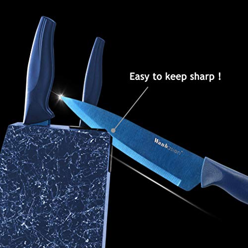 wanbasion 5 Piezas Azul Bloque para Cuchillos de Cocina Profesional Chef, Juego de Cuchillos de Cocina Acero Inoxidable, Set de Cuchillos de Cocina con Soporte Madera con Sacapuntas