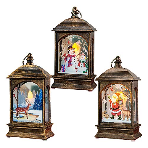 Wankd 3pcs Iluminación navideña con vela LED parpadea, para interior y exterior, decoración navideña, farol de batería, metal con ventana de cristal, resistente a la intemperie, 7*3.8*13.5CM