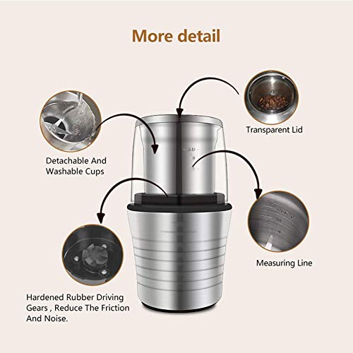 WEIZI Molinillo de café eléctrico Molinillo de café eléctrico con Cuenco extraíble 1 Cuencos de Acero Inoxidable extraíbles para Granos de café Frutos Secos y Especias Blanco