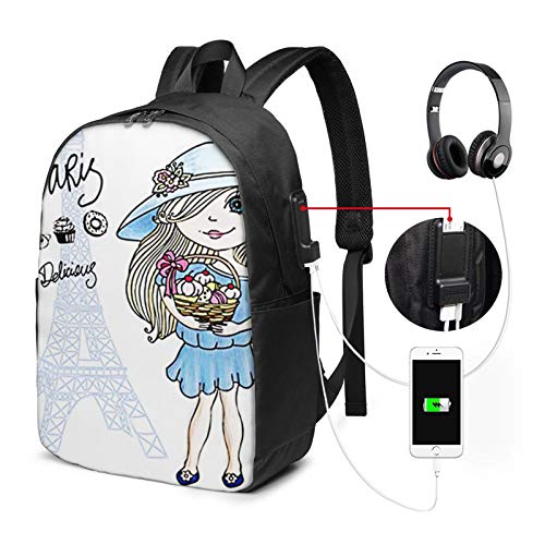 WEQDUJG Mochila Portatil 17 Pulgadas Mochila Hombre Mujer con Puerto USB, Panadería Paris Delicious Baking Mochila para El Laptop para Ordenador del Trabajo Viaje