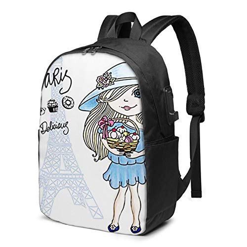 WEQDUJG Mochila Portatil 17 Pulgadas Mochila Hombre Mujer con Puerto USB, Panadería Paris Delicious Baking Mochila para El Laptop para Ordenador del Trabajo Viaje