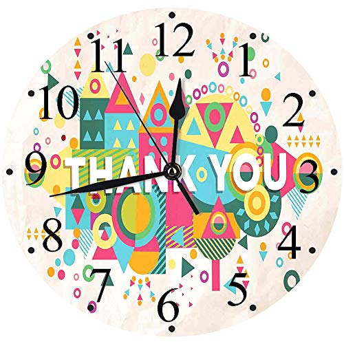 Yaoni Silencioso Wall Clock Decoración de hogar de Reloj de Redondo,Cita, Fuente de Agradecimiento Diciendo Gracias con Coloridas Figuras geométricas Abstracta,para Hogar, Sala de Estar, el Aula