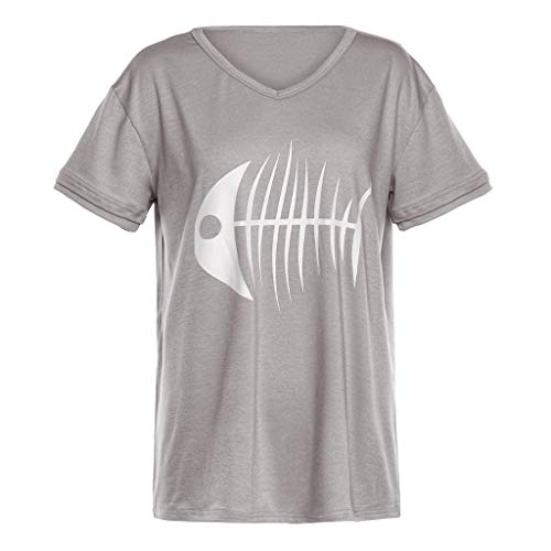YIHANK 2019 Blusa de verano para mujer, casual, divertida, con estampado de hueso de pez, cuello en V, manga corta, estilo clásico, elegante, diseño suelto, blusas para mujer