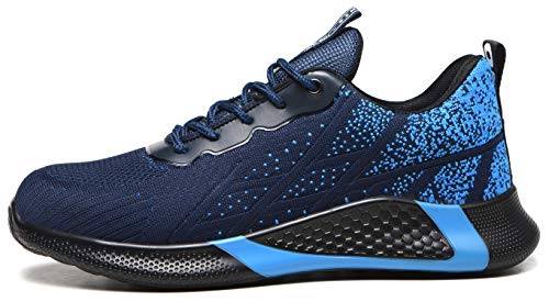 Zapatos de seguridad para hombre y mujer ligero transpirable zapatos de trabajo puntera de acero tapas calzado, color Azul, talla 42 2/3 EU