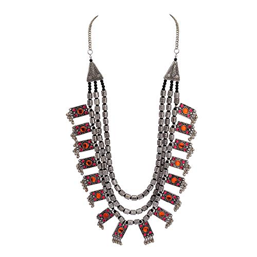 Zephyrr - Collar de Varias hebras para Mujer, Plata Alemana, Piedra Rosa/Naranja