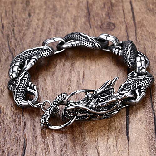 ZSCRL Brazalete de Acero de Titanio dominante Americana, diseño de dragón Tradicional, Color de Acero de 21,5 cm